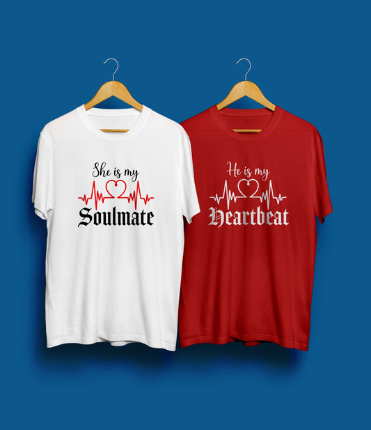 She is my Soulmate He is my Heartbeat Valentine's Couple's Tee Set - Romantic Matching Shirts