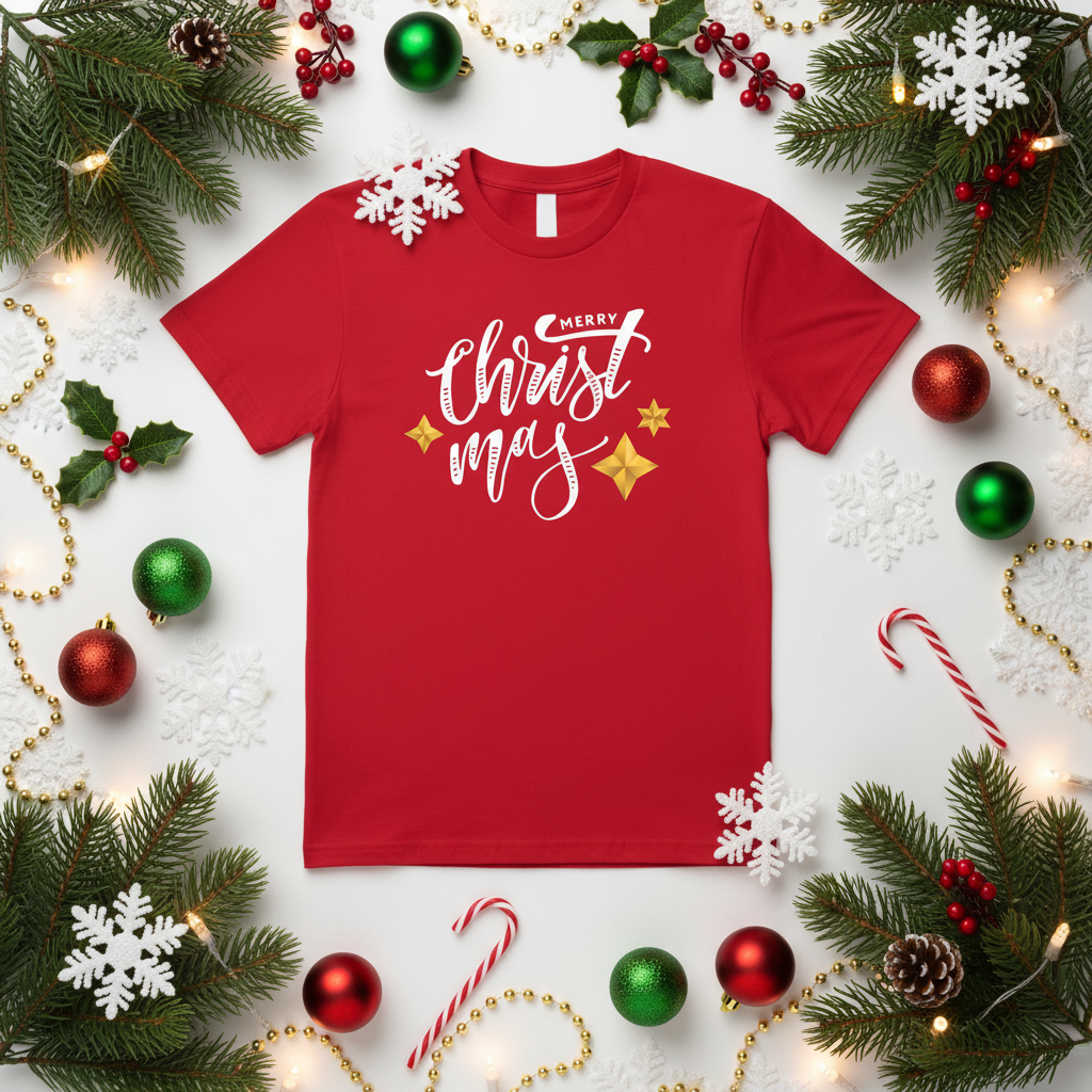 Merry Christmas Tee with festive decorations